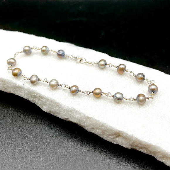 Grey Freshwater Pearl Sterling Silver Linked Bracelet