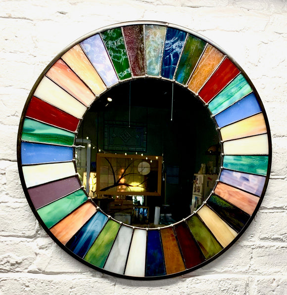 Stained Glass Small Wagon Wheel Mirror. Available in multiple sizes. Made to order.