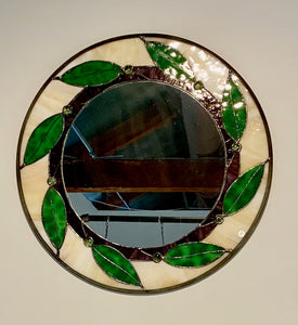 Round Stained Glass Mirror with Leaves