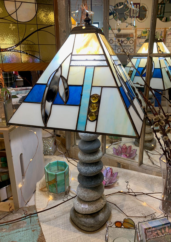 Stained Glass Geometric Lampshade with Feathers and Stone Base