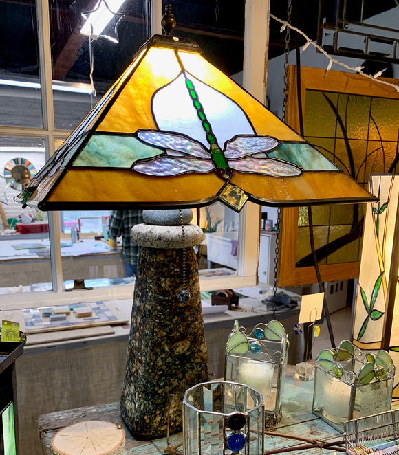 Stained Glass Dragonfly Lampshade with Stone Base