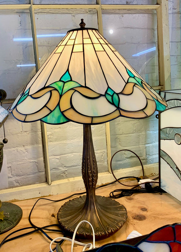 Stained Glass Green and Beige Lampshade with Metal Base