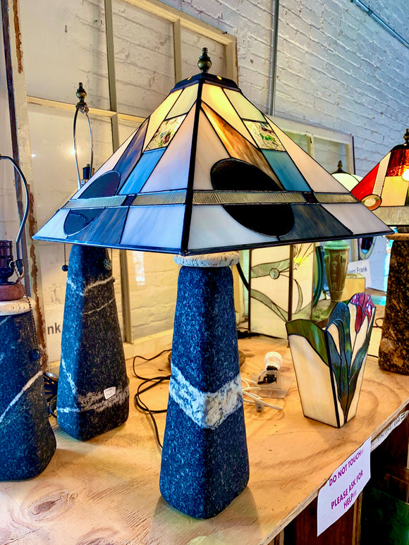 Stained Glass Deep Tones Geometric Lamp Shade and Stone Base